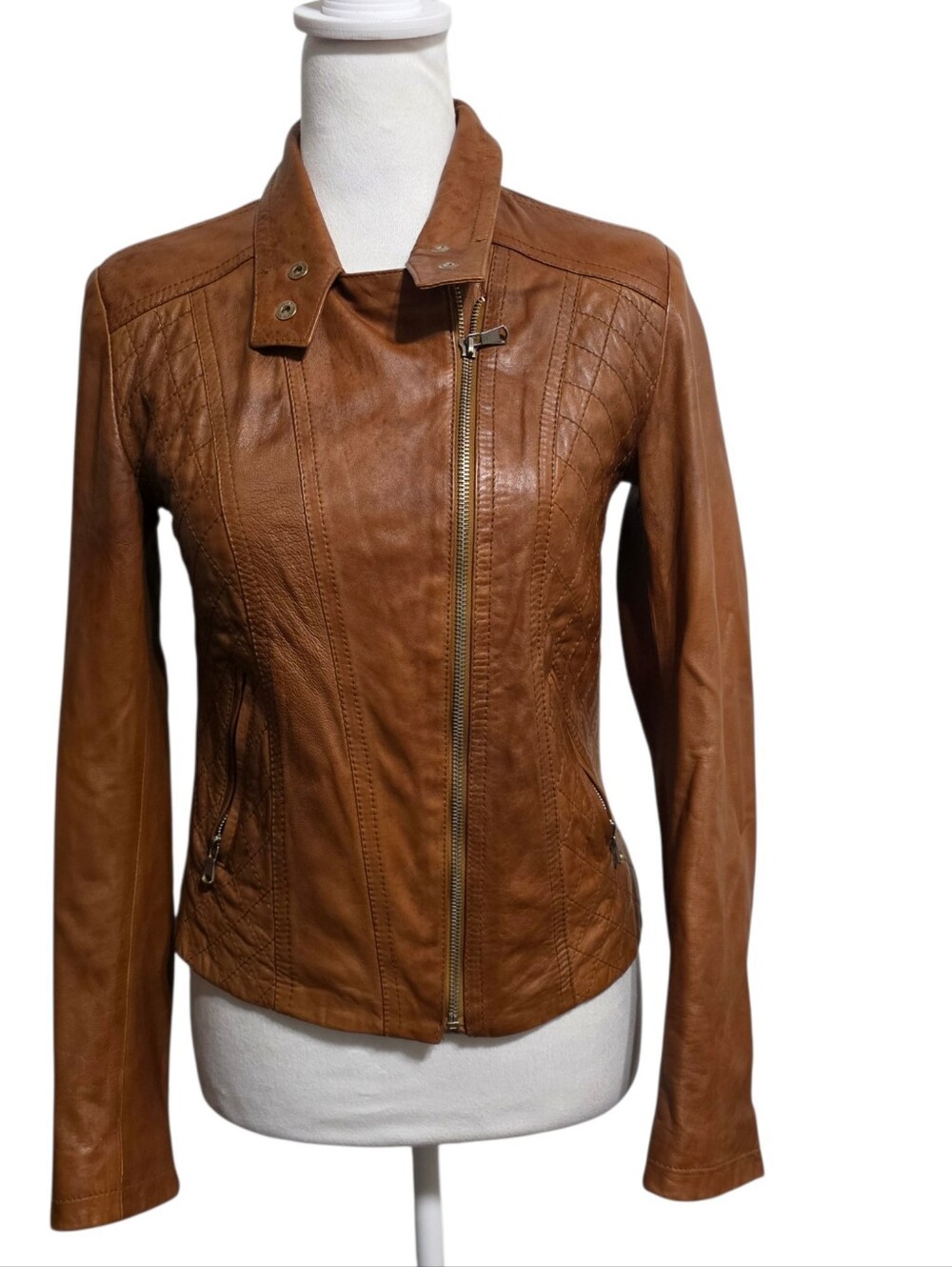 Jimmys Leather Collection Italian Leather Moto Jacket Cognac Brown Quilted 40(M)